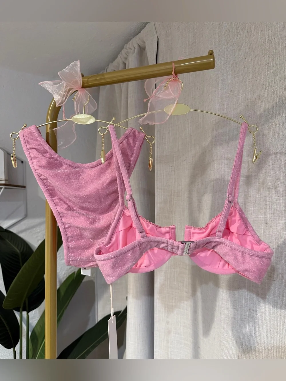 For Love & Lemons Pink Glitter Underwire Bikini Set Size XXS NWT